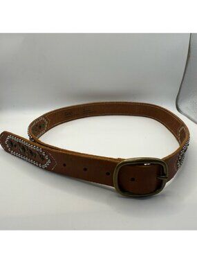 Gap Women’s Brown Studded Leather Belt Small Western Boho Brass Buckle Western